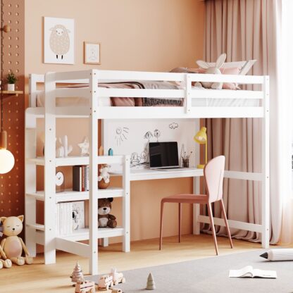 Kumix Loft Bed Twin Size with Desk, Wood Loft Bed with Writing Board, Shelves Full Length Guardrail, Ladder for Kids Teens Adults, Heavy Duty Loft Bed Frame for Bedroom, Noise-Free, White