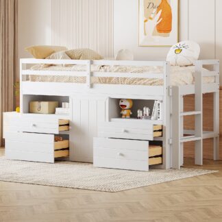 Kumix Loft Bed Twin Size, Wood Loft Bed with 4 Drawers, Underneath Cabinet and Safety Guardrail Shelves and Ladder for Kids Teens Adults, Space-Saving, Noise-Free, Easy Assembly, White