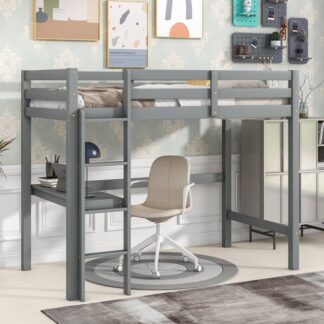 Kumix Loft Bed Twin Size with Desk, Wood Loft Bed with Full Length Guardrail and Build-in Ladder for Kids Teens Adults, Heavy Duty Loft Bed for Bedroom, Dorm, Noise-Free, Space-Saving, Gray