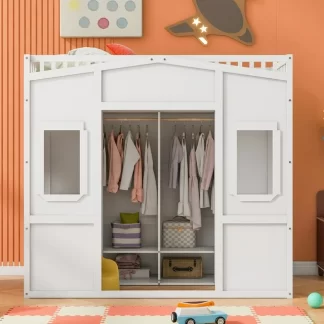 Kumix Loft Bed Twin Size, House Loft Bed with Wardrobe, Shelves, Full Length Guardrail, Build-in Ladder for Kids Teens Adults, Space-Saving Loft Bed Frame, Noise-Free, Easy Assembly, White