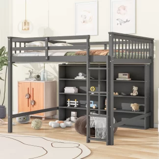 Kumix Loft Bed Full Size, Wood Loft Bed with 8 Open Storage Shelves and Built-in Ladder, Full Length Guardrail for Kids Teens Adults, Heavy Duty Loft Bed Frame for Bedroom, Space-Saving, Gray