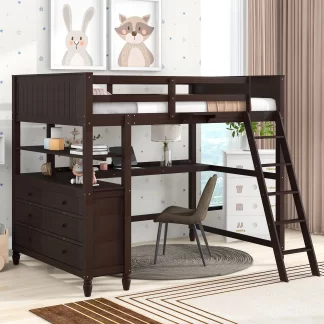 Kumix Loft Bed Full Size, Wood Loft Bed with 6 Drawers, Desk, Shelves for Kids Teens Adults, Space-Saving Loft Bed with Full Length Guardrail and Ladder for Bedroom, Noise-Free, Espresso