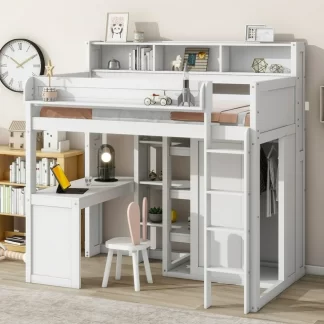 Kumix Loft Bed Twin Size with Desk, Wood Loft Bed with Multiple Storage Shelves and Wardrobe for Kids Teens Adults, Heavy Duty Loft Bed with Safety Guardrail and Ladder, Noise-Free, White