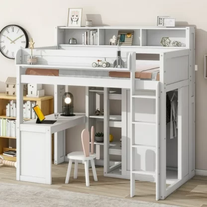 Kumix Loft Bed Twin Size with Desk, Wood Loft Bed with Multiple Storage Shelves and Wardrobe for Kids Teens Adults, Heavy Duty Loft Bed with Safety Guardrail and Ladder, Noise-Free, White