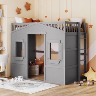 Kumix Loft Bed Twin Size, House Bed with Roof, Two Windows, Full Length Guardrail and Inclined Ladder for Kids Teens Boys/Girls, Wood Loft Bed for Bedroom, Dorm, Noise-Free, Space-Saving, Gray