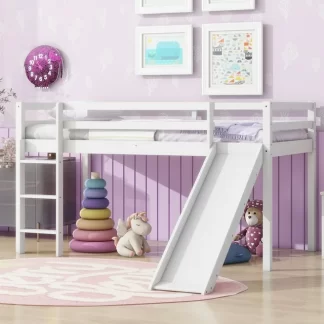 Kumix Loft Bed with Slide, Twin Size Loft Bed with Full Length Guardrail and Build-in Ladder for Kids Teens, Boys/Girls, Wood Loft Bed for Bedroom, Dorm, Noise-Free, No Box Spring Needed, White