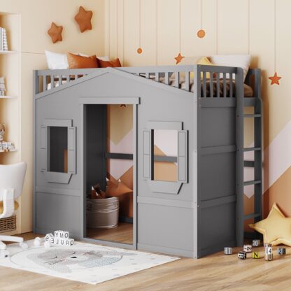 Kumix Loft Bed Twin Size, House Bed with Roof, Two Windows, Full Length Guardrail and Inclined Ladder for Kids Teens Boys/Girls, Wood Loft Bed for Bedroom, Dorm, Noise-Free, Space-Saving, Gray