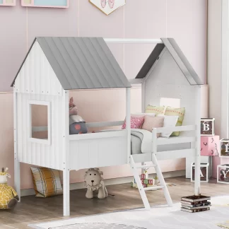 Kumix Loft Bed Twin Size, House Bed with Roof, Two Side Windows, Full Length Guardrail and Ladder for Kids Teens Boys/Girls, Low Wood Loft Bed for Bedroom, Noise-Free, Space-Saving, White+Gray