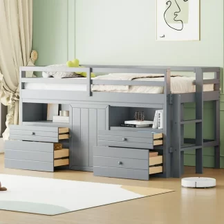 Kumix Loft Bed Twin Size, Wood Loft Bed with 4 Drawers, Underneath Cabinet and Safety Guardrail Shelves and Ladder for Kids Teens Adults, Space-Saving, Noise-Free, Easy Assembly, Gray