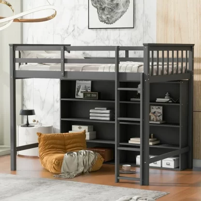 Kumix Loft Bed Twin Size, Wood Loft Bed with 8 Open Storage Shelves and Built-in Ladder, Full Length Guardrail for Kids Teens Adults, Heavy Duty Loft Bed Frame for Bedroom, Space-Saving, Gray