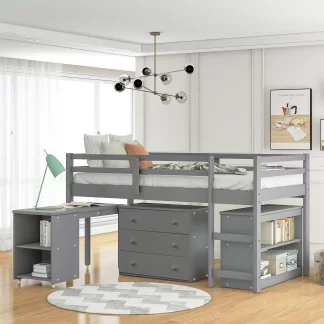 Kumix Loft Bed Twin Size, Low Loft Bed with Cabinet, Shelves Full Length Guardrail, Ladder and Rolling Portable Desk for Kids Teens Adults, Wood Loft Bed for Bedroom, Noise-Free, Gray