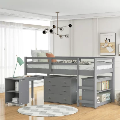 Kumix Loft Bed Twin Size, Low Loft Bed with Cabinet, Shelves Full Length Guardrail, Ladder and Rolling Portable Desk for Kids Teens Adults, Wood Loft Bed for Bedroom, Noise-Free, Gray
