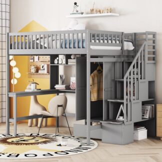 Kumix Loft Bed Full Size, Wood Loft Bed with Bookshelf, Drawers, Desk, and Wardrobe, Heavy Duty Loft Bed with Full Length Guardrail and Ladder for Kids Teens Adults, Noise-Free, Gray