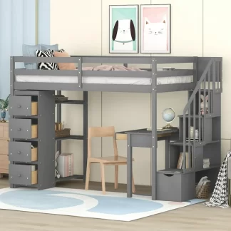 Kumix Loft Bed Twin Size with Desk, Wood Loft Bed with Storage Drawers, Shelves and Storage Stairs for Kids Teens Adults, Wooden Loft Bed Frame with Full Length Guardrail for Bedroom, Gray