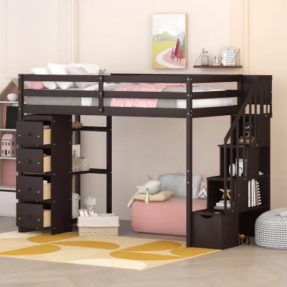 Kumix Loft Bed Twin Size, Wood Loft Bed with Storage Drawers, Shelves and Storage Stairs for Kids Teens Adults, Wooden Loft Bed Frame with Full Length Guardrail for Bedroom, Space-Saving, Espresso