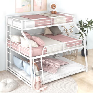 Kumix Triple Bunk Bed, Twin XL over Full XL over Queen Bunk Bed with Long and Short Ladder and Full-Length Guardrails for Kids Teens Adults, 3 Beds in 1, Metal Bunk Bed for 3, Noise-Free, White