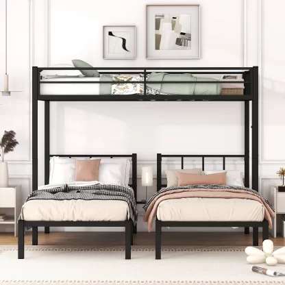 Kumix Triple Bunk Bed, Metal Twin over Twin and Twin Bunk Bed with Full-Length Guardrail and Ladder, Convertible Triple Bunk Beds for 3 Kids, Teens, Adults, Noise Free, No box Spring Needed, Black