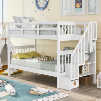 Kumix Twin over Twin Bunk Bed, Wood Bunk Bed with Shelves, Full Length Guardrail and Stairway for Kids Teens Adults, Heavy Duty Bunk Bed Able to Split, Under Bed Storage, Space-Saving, White