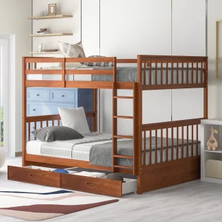 Kumix Bunk Bed with Drawers, Full over Full Bunk Bed with Full Length Guardrail and Build-in Ladder for Kids Teens Adults, Wood Bunk Bed Able to Split, 2 in 1 Bunk Beds, Noise-Free, Walnut