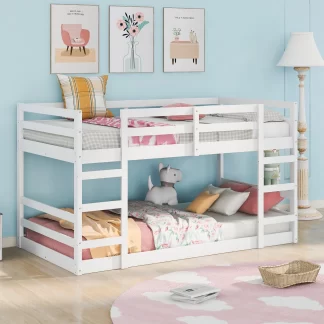 Kumix Twin over Twin Bunk Bed, Low Bunk Bed with Full Length Guardrail and 2 Ladders for Kids Teens Adults, Wood Bunk Bed Frame for Bedroom, Dorm, No Box Spring Needed, White