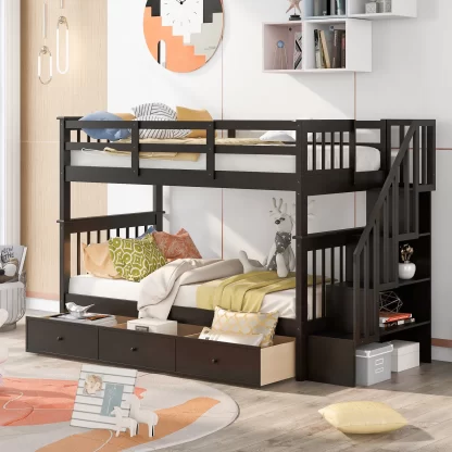 Kumix Twin over Twin Bunk Bed, Wood Bunk Bed with Drawers, Full Length Guardrail and Storage Staircase for Kids Teens Adults, Heavy Duty Bunk Bed Frame Able to Split, Space-Saving, Espresso
