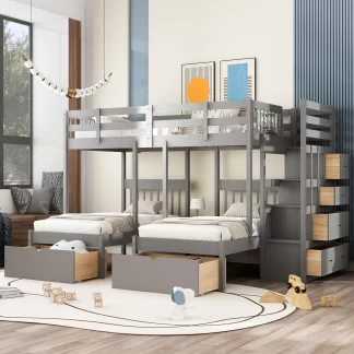 Kumix Triple Bunk Bed, Full over Twin and Twin Bunk Bed with Drawers and Safety Guardrails and Stair with Drawers for Kids Teens Adults, Wood Bunk Bed Frame for Bedroom, 3 in 1 Bunk Bed, White