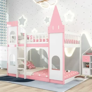Kumix Castle Bunk Bed, Twin over Twin Bunk Bed with Full Length Guardrail, Ladder for Kids Teens Boys/Girls, Wood Bunk Bed for Kids Bedroom, Low Bunk Beds for Toddler, Noise-Free, Pink+White
