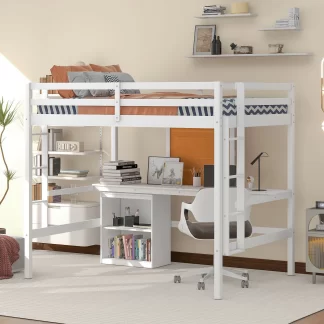 Kumix Full Size Loft Bed with Desk, Wood Loft Bed with Writing Board, Full Length Guardrail, Ladder and 2 Drawers Cabinet for Kids Teens Adults, Heavy Duty Loft Bed Frame for Bedroom, White