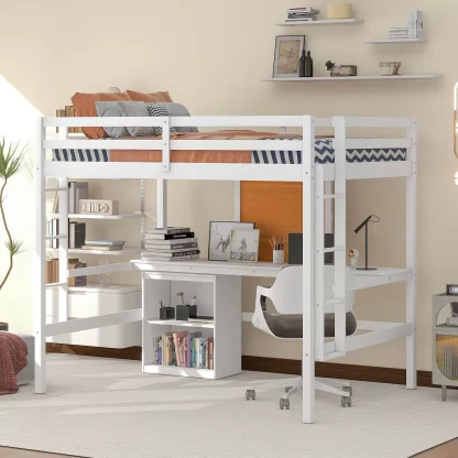 Kumix Full Size Loft Bed with Desk, Wood Loft Bed with Writing Board, Full Length Guardrail, Ladder and 2 Drawers Cabinet for Kids Teens Adults, Heavy Duty Loft Bed Frame for Bedroom, White