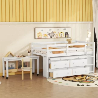 Kumix Twin Size Loft Bed with Retractable Writing Desk, Wood Loft Bed for Kids Teens Adults with 4 Drawers, Retractable Writing Desk and Shelves, Multi-Function Loft Bed for Bedroom, White