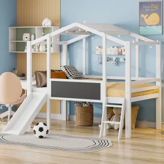 Kumix Loft Bed Twin with Slide, House Bed for Kids Teens Boys/Girls with Light Strip, Blackboard, Safety Guardrail and Ladder, Wood Loft Bed for Bedroom, Space-Saving, No Box Spring Needed, White