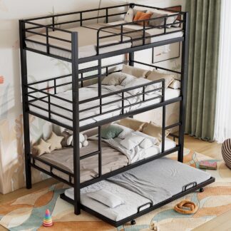 Kumix Triple Bunk Bed with Trundle, Twin over Twin and Twin Bunk Bed with Full Length Guardrail and Ladder for Kids Teens, Able to Split, 4 in 1 Bunk Beds with Twin Trundle, Noise-Free, Black