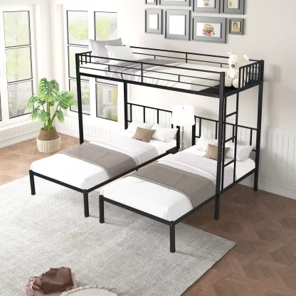 Kumix Triple Twin Bunk Bed, Twin over Twin and Twin Bunk Bed for Kids/Teens with Ladder and Guardrails, Can Be Separated into 3 Twin Beds, Noise Reduced, Bunk Bed for Three, Black
