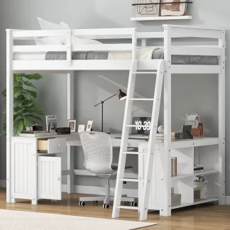 Kumix Loft Bed Full Size with Desk, Wood Loft Bed with Drawer, Cabinet and Storage Shelves for Kids Teens Adults, Heavy Duty Loft Bed with Safety Guardrail and Inclined Ladder, Noise-Free, White