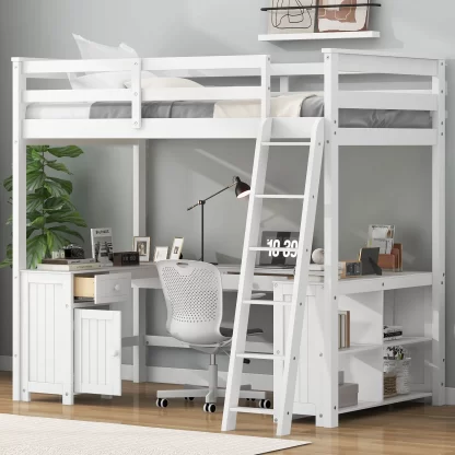 Kumix Loft Bed Full Size with Desk, Wood Loft Bed with Drawer, Cabinet and Storage Shelves for Kids Teens Adults, Heavy Duty Loft Bed with Safety Guardrail and Inclined Ladder, Noise-Free, White