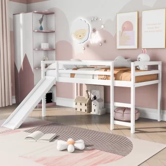 Kumix Loft Bed Twin Size with Slide, Wood Loft Bed with Full Length Guardrail and Ladder for Kids Teens, Boys/Girls, Twin Wood Loft Bed for Bedroom, Dorm, Noise-Free, No Box Spring Needed, White