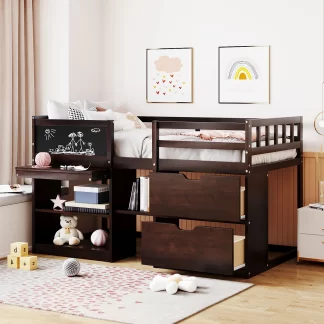 Kumix Loft Bed Twin Size, Low Loft Bed with Rolling Desk, Shelf and Drawers for Kids Teens Adults, Wood Loft Bed with Full Length Guardrail and Ladder for Bedroom, Noise-Free, Espresso