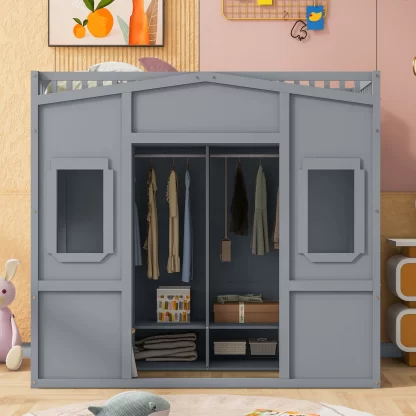 Kumix Loft Bed Twin Size, House Loft Bed with Wardrobe, Shelves, Full Length Guardrail, Build-in Ladder for Kids Teens Adults, Space-Saving Loft Bed Frame, Noise-Free, Easy Assembly, Gray