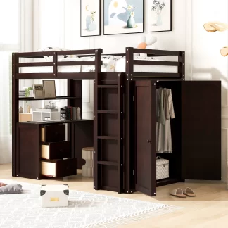 Kumix Loft Bed Twin Size, Wood Loft Bed with Drawers, Desk, Shelf and Wardrobe for Kids Teens Adults, Heavy Duty Loft Bed with Safety Guardrail and Ladder for Bedroom, Noise-Free, Espresso