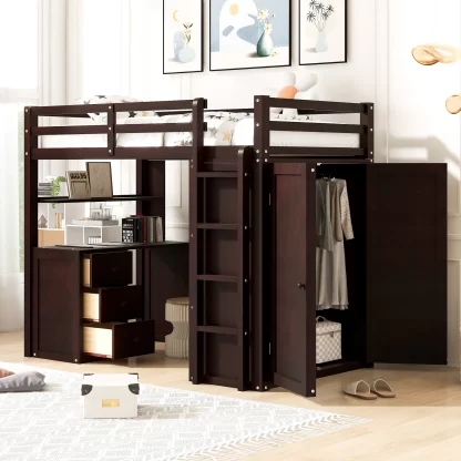 Kumix Loft Bed Twin Size, Wood Loft Bed with Drawers, Desk, Shelf and Wardrobe for Kids Teens Adults, Heavy Duty Loft Bed with Safety Guardrail and Ladder for Bedroom, Noise-Free, Espresso