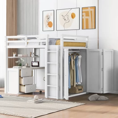 Kumix Loft Bed Full Size with Desk, Wood Loft Bed with Drawers, Shelves, Full Length Guardrail, Ladder and Wardrobe for Kids Teens Adults, Space-Saving, No Box Spring Needed, Noise-Free, White