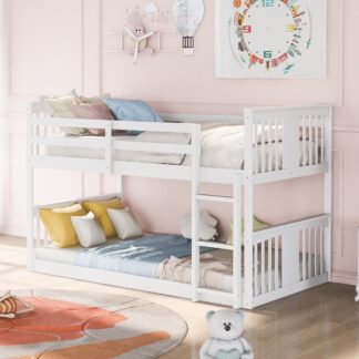 Kumix Twin over Twin Bunk Bed, Wood Bunk Bed for Kids Teens with Full Length Guardrail and Ladder, Low Bunk Bed Frame for Bedroom, Dom, Noise-Free, No Box Spring Needed, 2 in 1 Bunk Bed, White
