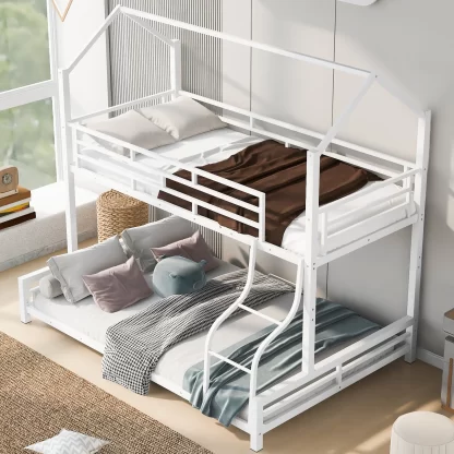 Kumix Bunk Bed Twin over Full, Metal House Bunk Bed for Kids Teens Adults with Full Length Guardrail and Build-in Ladder, Low Bunk Bed for Toddler, Able to Split, Noise-Free, White