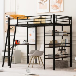 Kumix Loft Bed with Desk and Whiteboard, Metal Loft Bed Twin Size with Shelves, Safety Guardrail and Ladder for Kids Teens Adults, Twin Loft Bed Frame for Bedroom, Space-Saving, Noise-Free, Black