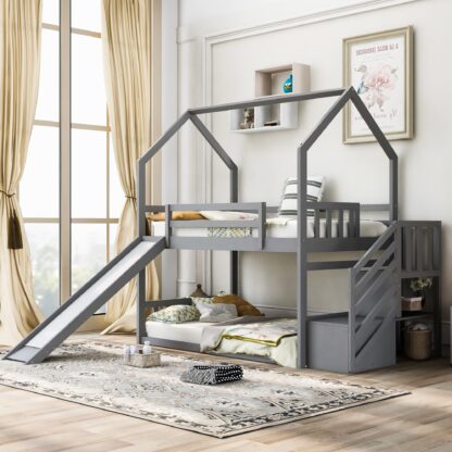 Kumix House Bunk Bed with Slide, Twin over Twin Bunk Bed with Full Length Guardrail and Ladder for Kids Teens, Wood Bunk Bed Frame for Bedroom, Space-Saving, Noise-Free, Gray