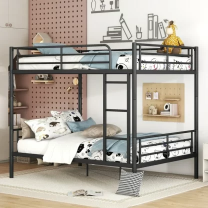 Kumix Bunk Bed Full over Full, Metal Bunk Bed with Full Length Guardrail and Build-in Ladder for Kids Teens Adults, Space-Saving Bunk Bed Can Convertible into 2 Beds, Noise-Free, Black