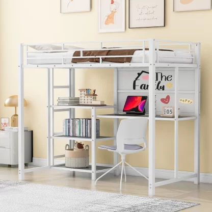 Kumix Loft Bed Twin Size, Metal Loft Bed with Desk, 3 Shelves and Whiteboard for Kids, Teens, Space-Saving Loft Bed Frame with Full Length Guardrail and Ladder for Bedroom, Noise-Free, White