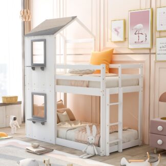 Kumix House Bunk Bed for Kids, Twin over Twin Bunk Bed with Roof, Window, Ladder, Full Length Guardrail for Boys and Girls, Wood Low Bunk Bed for Kids Bedroom, 2 in 1 Bunk Beds, Noise-Free, White