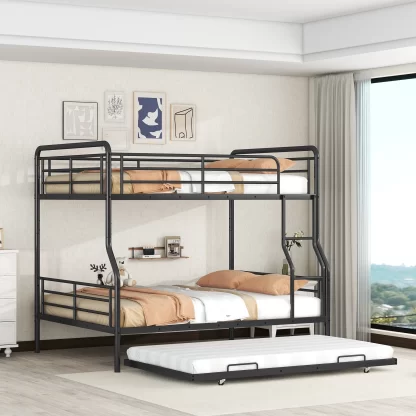 Kumix Metal Bunk Bed with Trundle, Full XL over Queen Bunk Bed with Twin Size Trundle for Kids Teens Adults, Heavy Duty Bunk Bed with Safety Guardrail and Ladder for Bedroom, Noise-Free, Black