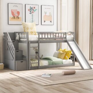 Kumix Bunk Bed with Slide, Twin over Twin Bunk Bed with Storage Staircase, Full Length Guardrail for Kids Teens Boys/Girls, Wood Bunk Bed for Bedroom, Noise-Free, Grey